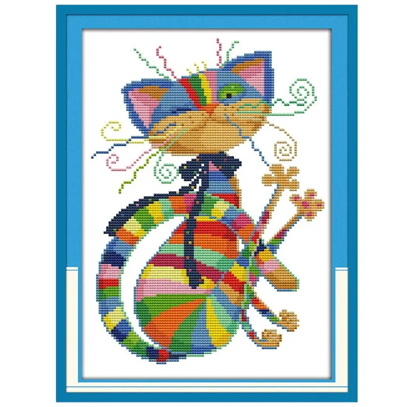 

Colorful Cat DIY Handmade Needlework Counted 14CT Printed Cross Stitch Embroidery Kit Set Home Decoration
