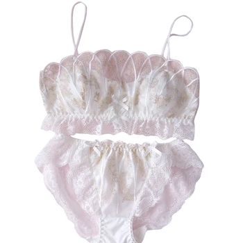 

Sweet Girl Mermaid Ji Shell Lace Embroidery Bra Set Retro No Steel Ring Tube Top Big Chest Show Small Bra Set Bra and Panty Set