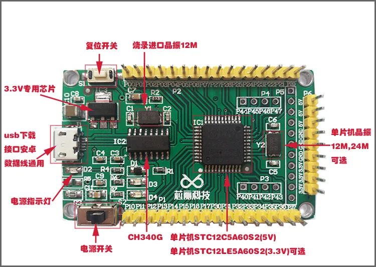 STC12C5A60S2(5 v) STC12LE5A60S2(3,3 v) 51 MCU Минимальная плата разработки системы