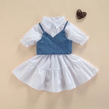 Lioraitiin 1-6Years Toddler Baby Girl Short Sleeve Dress Denim Vest Simple Style Adjustable Bandage with Ruffle Summer Clothing 2