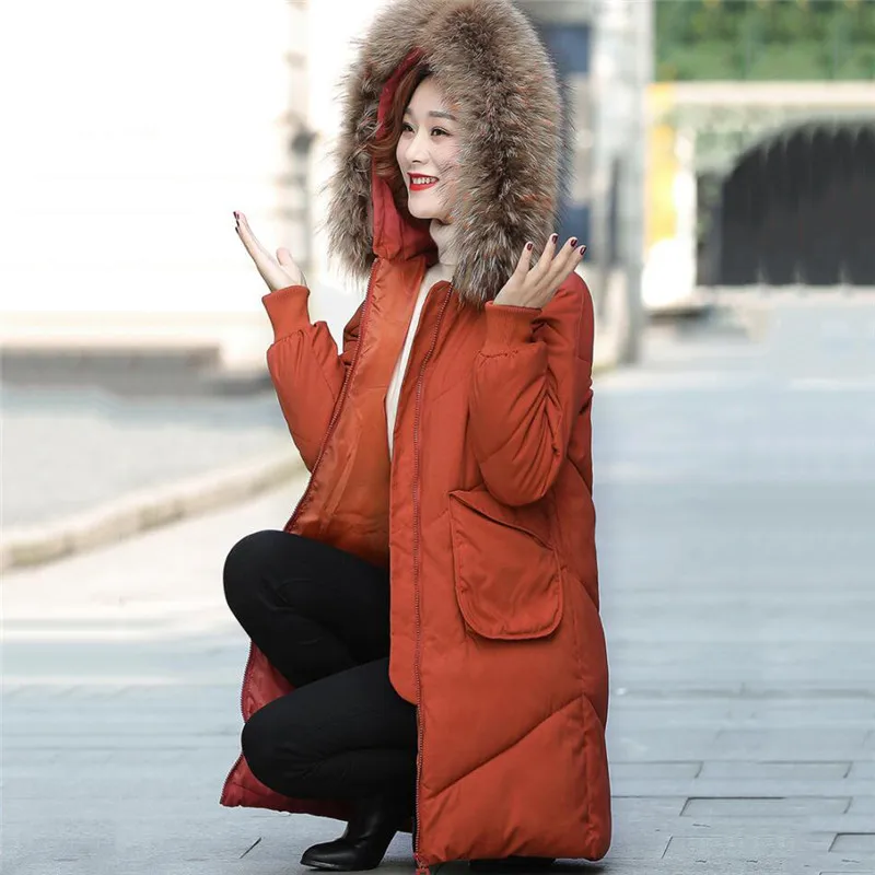 caramel colour Новое пальто из хлопка большого размера зимняя женская куртка одноцветная куртка с капюшоном для среднего возраста теплое пальто с меховым воротником JIU108 - Color: caramel colour