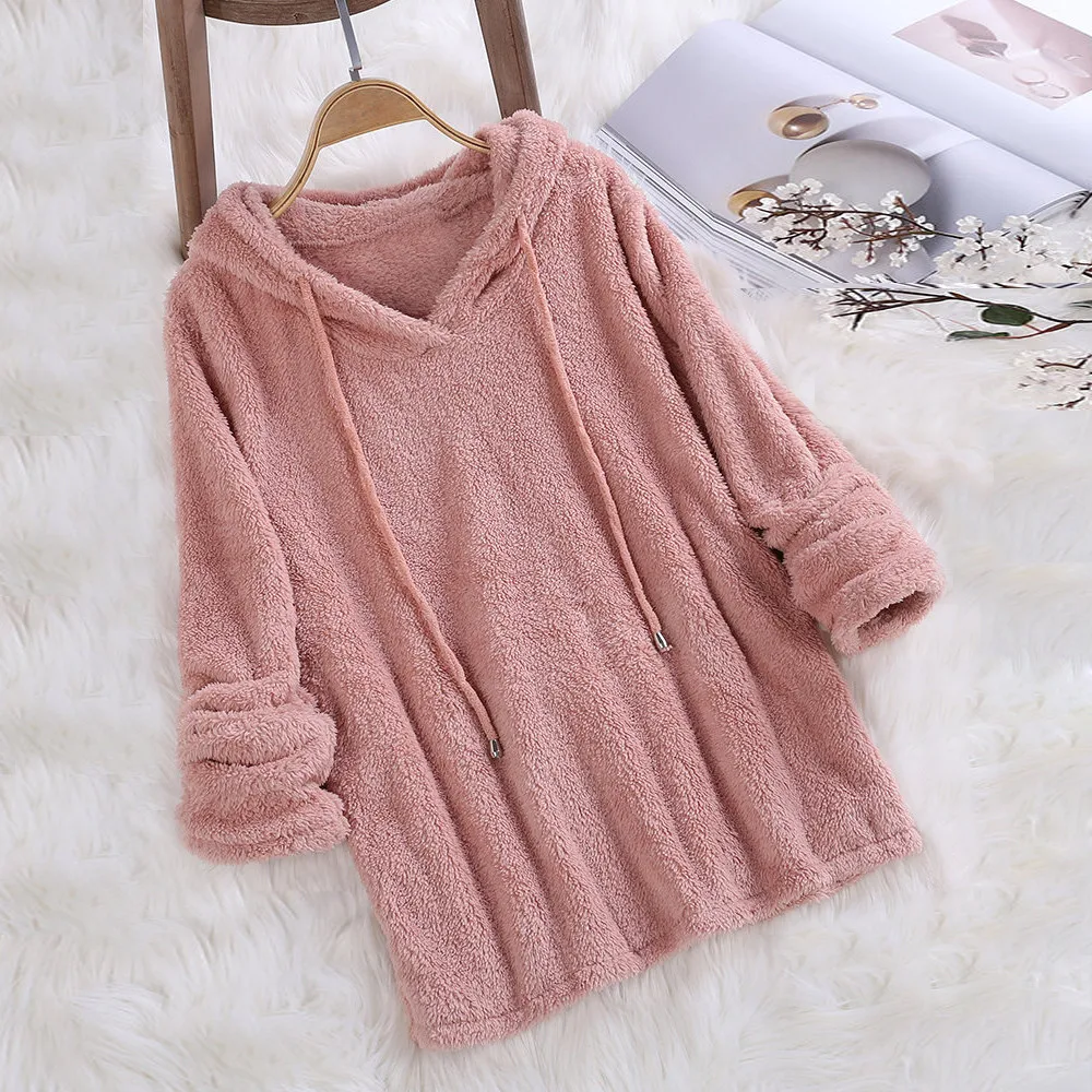 JAYCOSIN fashion ladies long-sleeved soft plush pullover sweatshirt solid color warm casual hooded sweatshirt autumn winter