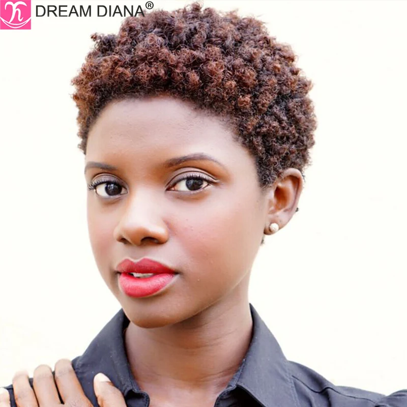 DreamDiana Brazilian Hair Afro Curly Human Hair Wigs Brown 99J Remy Pixie Cut Short Hair Wigs Full Machine Made Human Hair Wigs