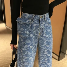 Новинка, женские джинсы в стиле хип-хоп, винтажные свободные джинсовые штаны, прямые, западные, каваи, мультяшный принт, брюки, женские, съемный, поясная сумка