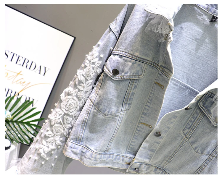 Светло-голубые женские джинсовые куртки весна-осень Новое модное с кружевной вышивкой Цветочная вышивка свободные короткие джинсовые куртки девушки леди