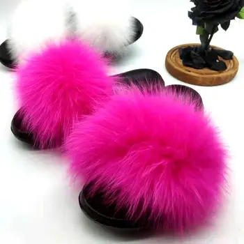 

Pink Women's Real Fox Fur Slides Fuzzy Furry Slippers Comfort Sliders Sandals Shoes Beach Flip Flops Woman Raccoon Fur Slippers