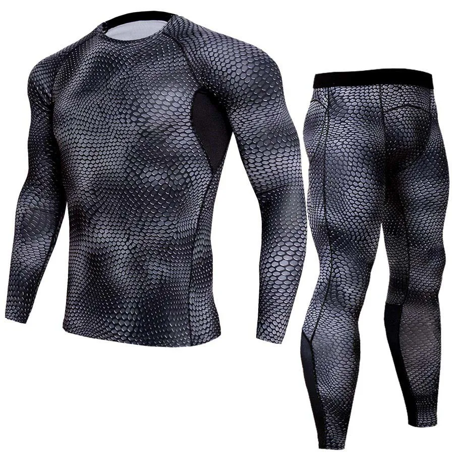 rashguard компрессионные для ММА костюмы Топы И Футболки Базовый Слой Леггинсы мужское термобелье Кроссфит, бодибилдинг футболка - Цвет: set