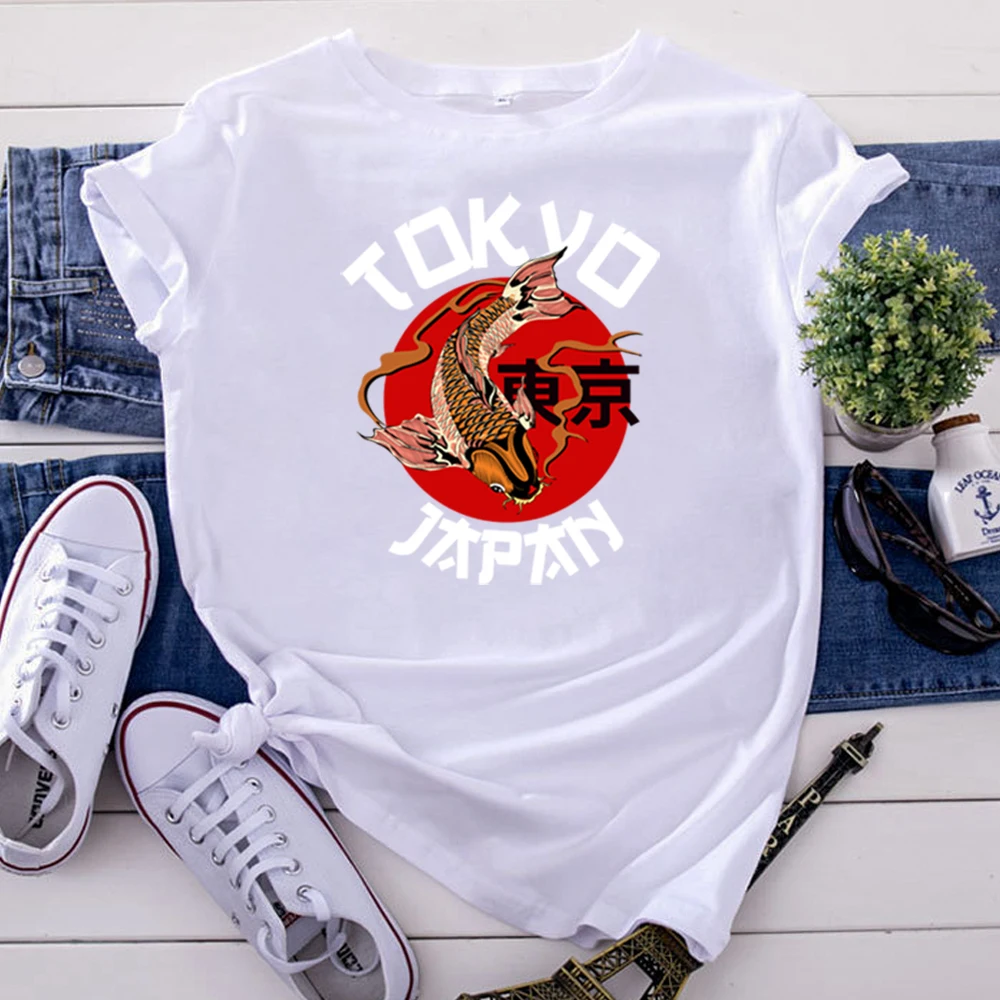 Woman T Shirt Japanese Tokyo Koi Printing T Shirt For Women'S Vintage Oversized Woman Clothing Gothic Round Neck Women T-Shirt