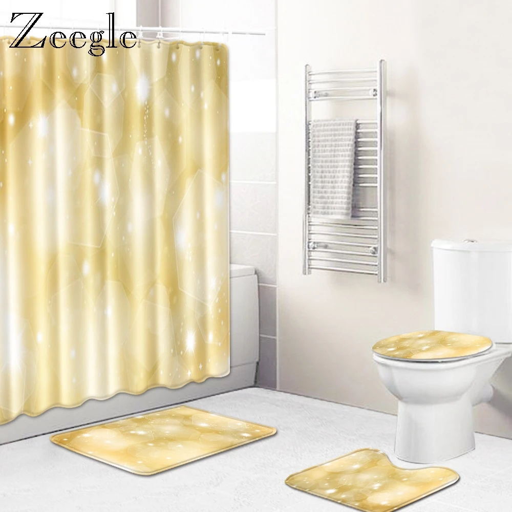Zeegle 4pcs Bath Mat Set Flannel Soft Toilet Cover Seat Mat Absorbent Toilet Pedestal Rug Foot Mat Waterproof Shower Curtain
