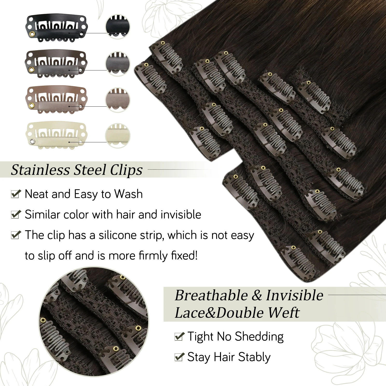 VeSunny Clip in Hair Extensions Human Hair Double Weft 7pcs Clip on Hair Extensions Machine made Remy Hair #2/2/6 120gr
