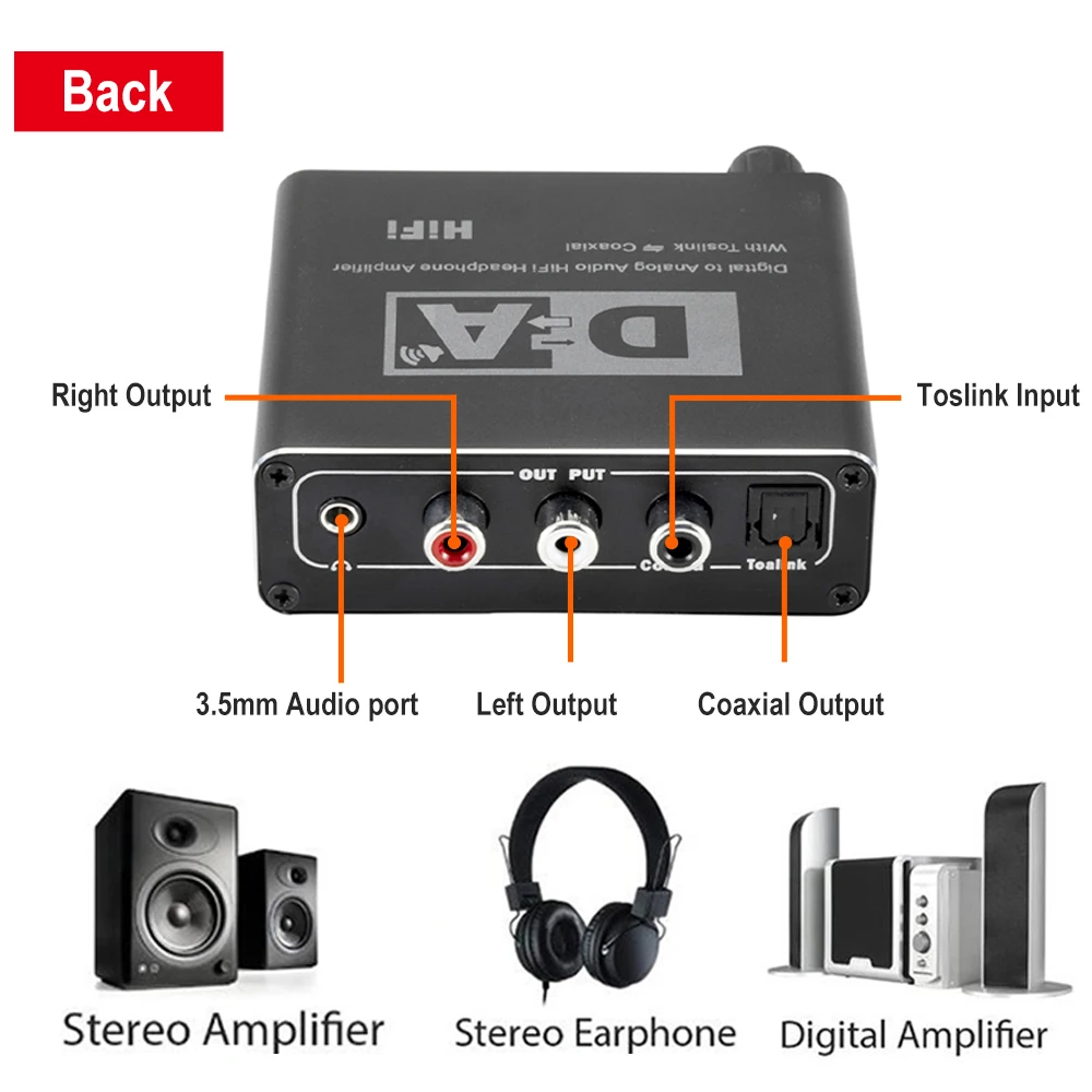 Hifi DAC Digital To Analog Audio Converter RCA 3 5mm Headphone Amplifier Toslink Optical Coaxial Output Portable DAC