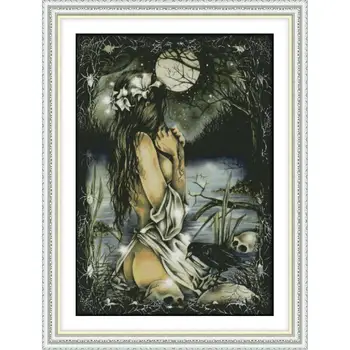 

Joy Sunday Chinese Cross Stitch Kits Women And The Full Moon 11&14CT Cross Stitch Kits Embroidery Needlework Sets Printed Canvas
