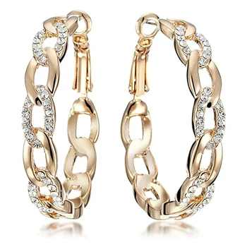 

Huitan Stylish Gold Color Link Hoop Earring for Women Inlaid CZ Stone Big Circle Round Earring Luxury Trendy Jewelry Hot Selling