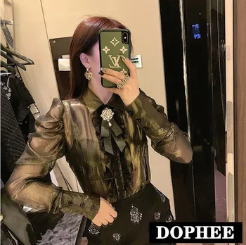 

2020 Spring New Bubble Sleeve Bow Stitched Lace Metallic Shirt Lady Fashion Perspective Blouse Loose Blusas Tops
