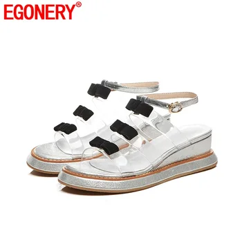 

EGONERY summer casual date shoes middle heel platform sandals bow Sequins round toe shoes 5.5 cm back heel big size shoes
