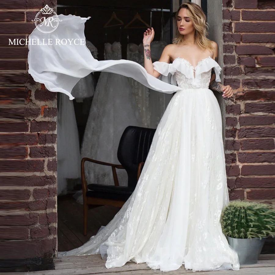 

Michelle Royce A-Line Wedding Dresses For Women 2022 Sweetheart Ruffles Sleeve Lace Chapel Train Wedding Gown Vestidos De Novia