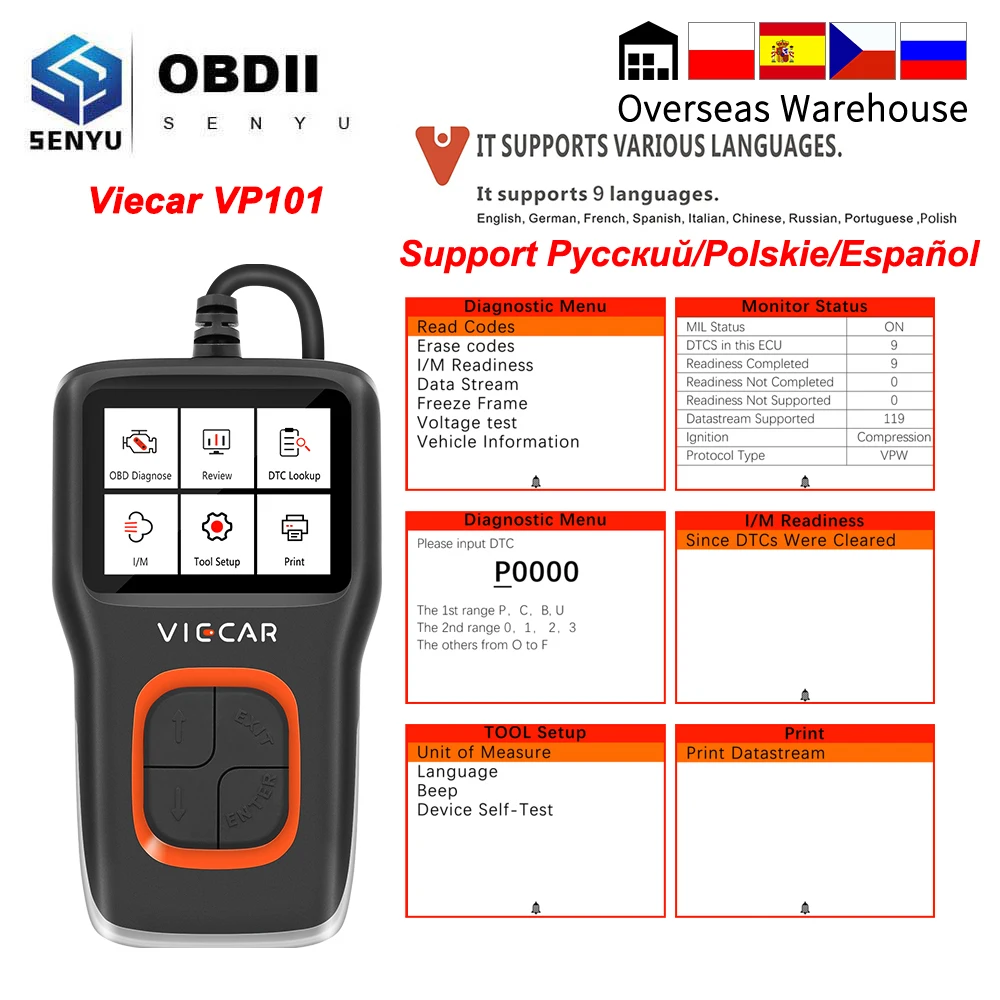 OBD 2 OBD2 Viecar VP101 OBDII/EOBD считыватель кодов ODB2 сканер I/M анализатор автомобильный