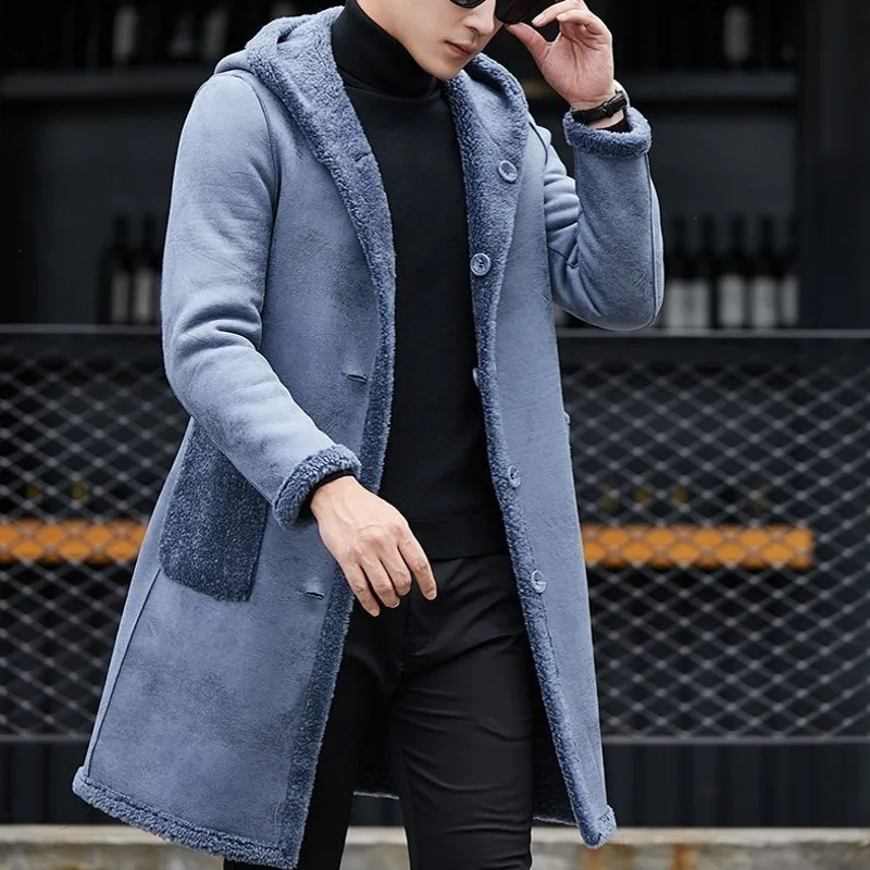 

Wool headscarf long sleeve cap rolling curtain coat fashion simple button thick real fur leather coat