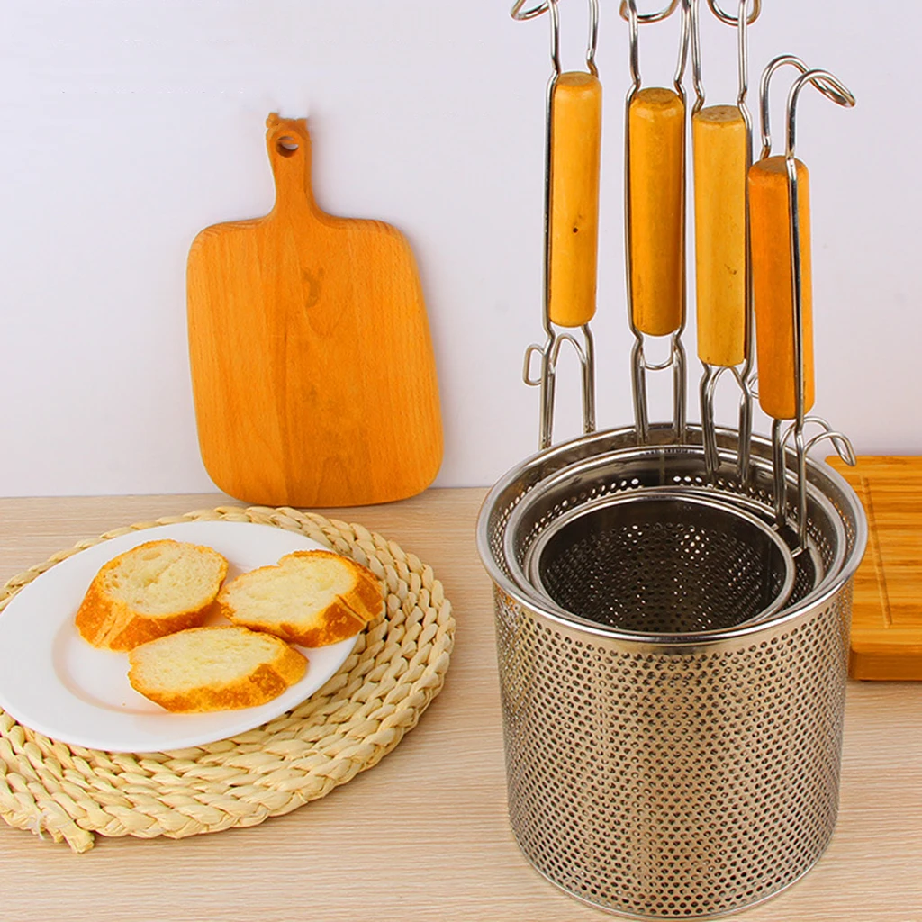 Stainless Steel Noodle Food Strainer with Hook and Wooden Handle, Strainer Basket for Dumpling, Udon, Vegetables or Pasta