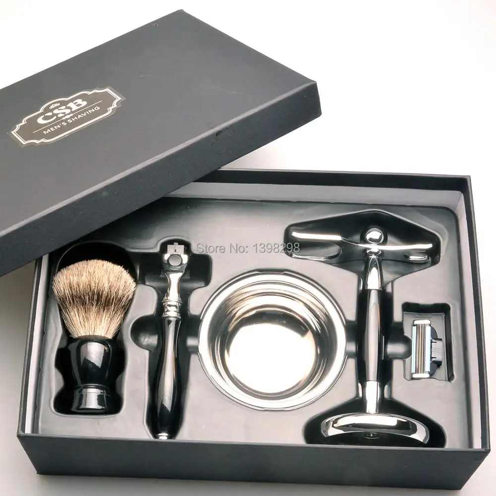 CSB shaving brush set badger hair shaving brush triple blades shaving razor and shaving brush holder 2