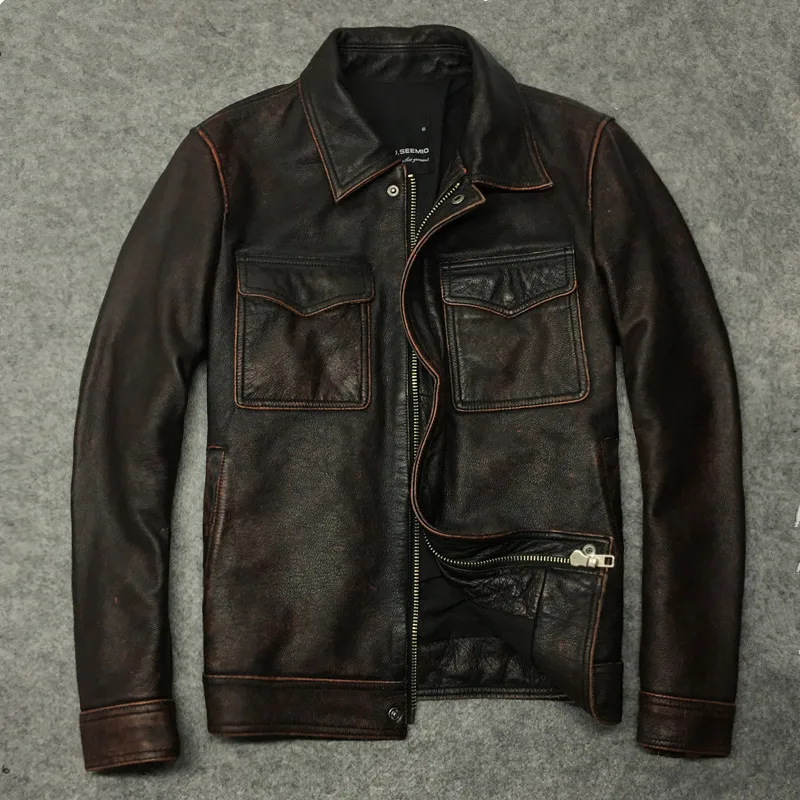 

2020 Retro Genuine Leather Jacket Men Short Cowhide Autumn Coat Real Cow Leather Jackets Motorcycle Deri Ceket 1299-8 KJ2274