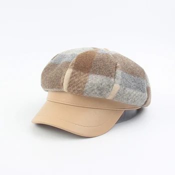 

Fashion lattice octagonal hat female autumn and winter caps stitching beret casual wild hat