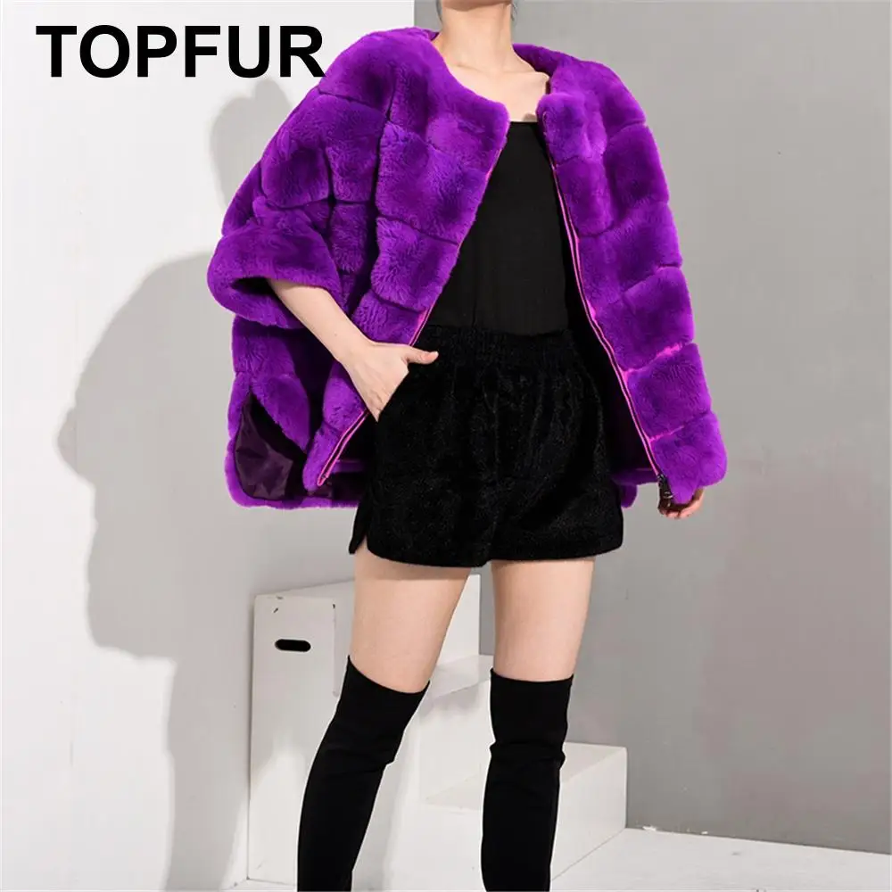 

TOPFUR New Rex Rabbit Fur Coat Women Purple Jacket Bat Type Leather Jacket Real Fur Coat Women Plus Size Winter Coat Women