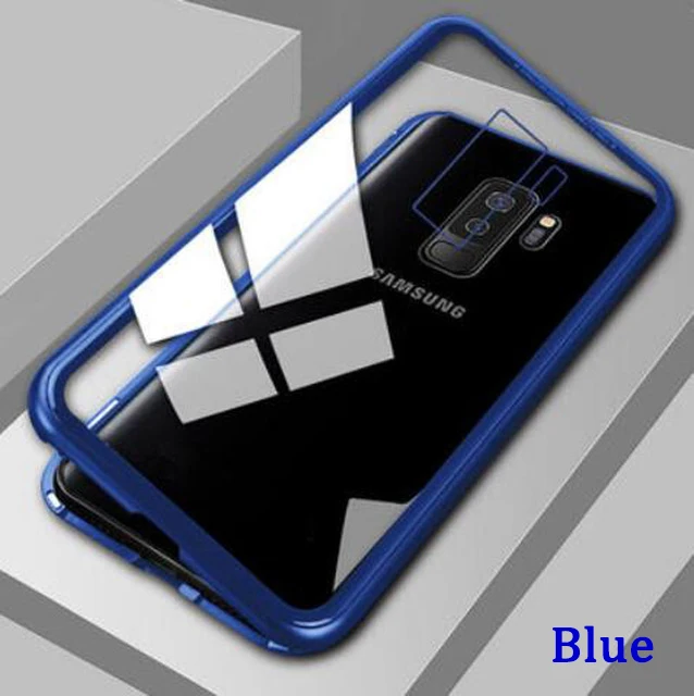 Transparent Blue Металлический магнитный адсорбционный чехол для samsung Galaxy Note 10 S8 S9 S10 Plus S10E S7 Edge Note 8 9 A50, закаленное стекло, Магнитная крышка - Цвет: Transparent Blue