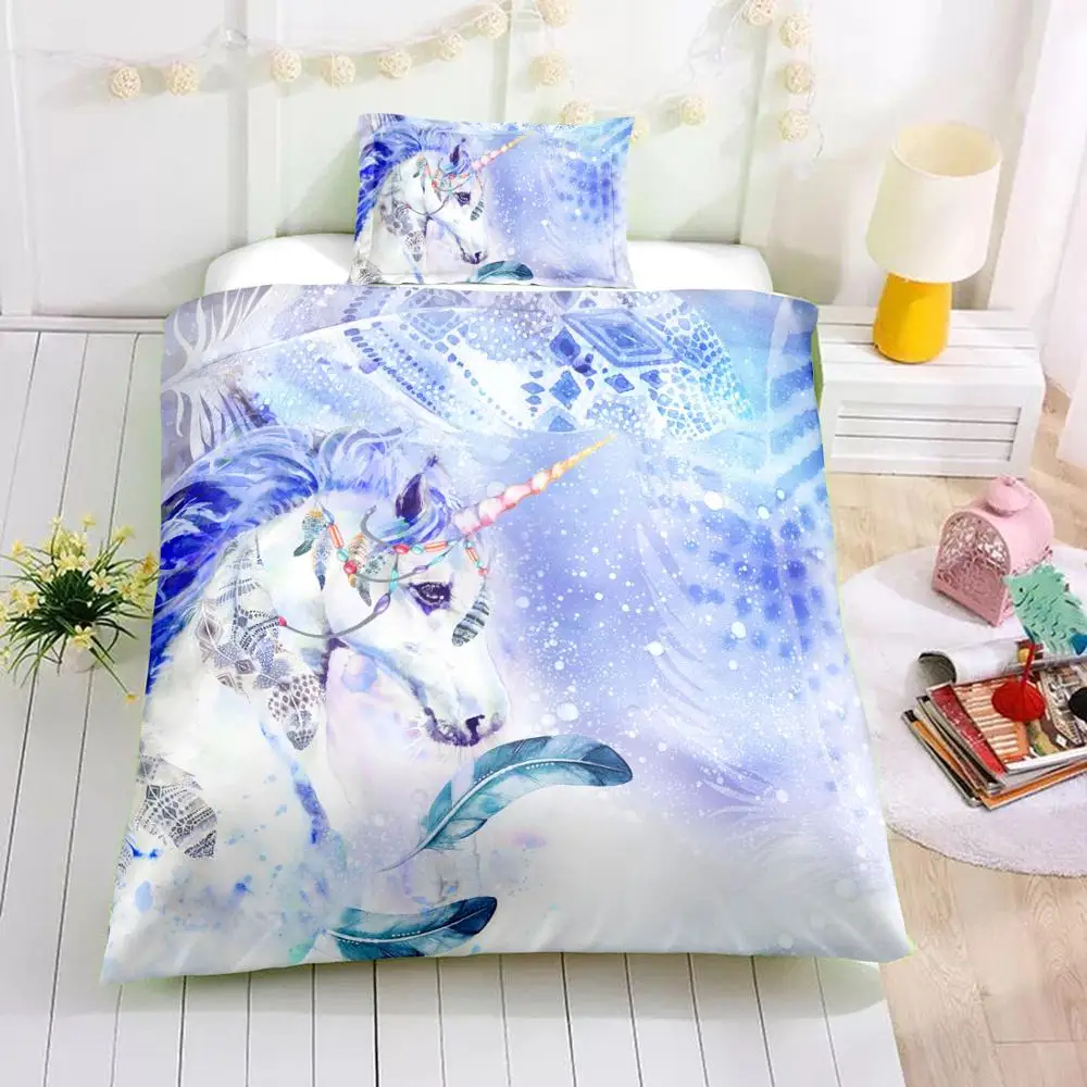 KTLRR Bohemia Galaxy Единорог пододеяльник наборы, акварель синий единорог портрет перо в стиле бохо постельные принадлежности, домашний декор для спальни