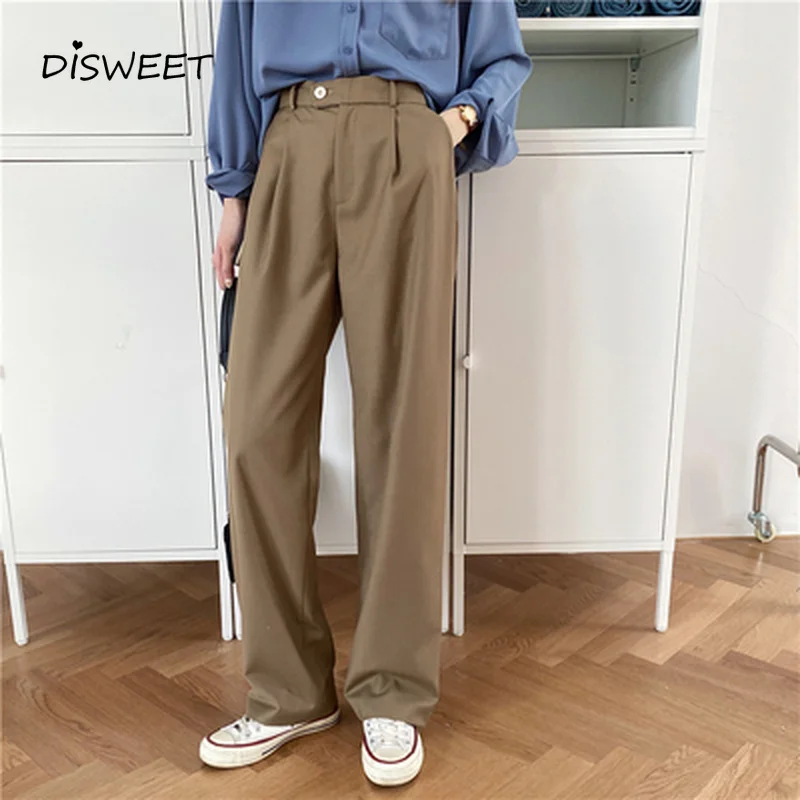 Pantalones de cintura con botones para mujer, Pantalón liso, suelto, coreano, de pierna ancha, 2020|Pantalones y pantalones - AliExpress
