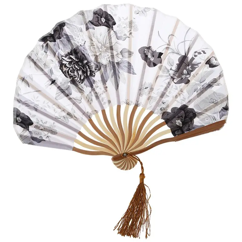 

Chinese Gray Peony Blossom Fabric Bamboo Folding Dancing Hand Fan White