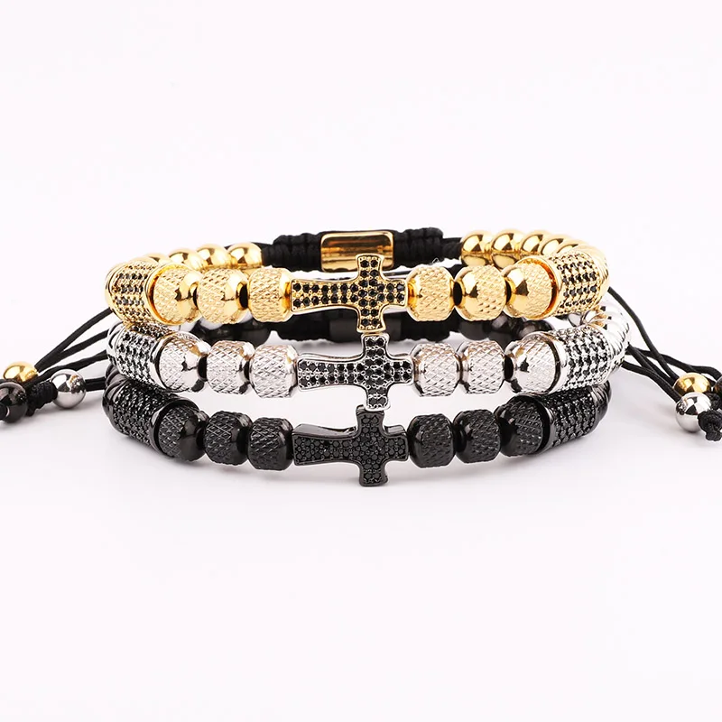 New Design Cross Bracelet Men Jewelry Gold Plated Stainless Steel Beaded CZ Pave Charm Macrame Adjustable Bracelet Men - Image 3