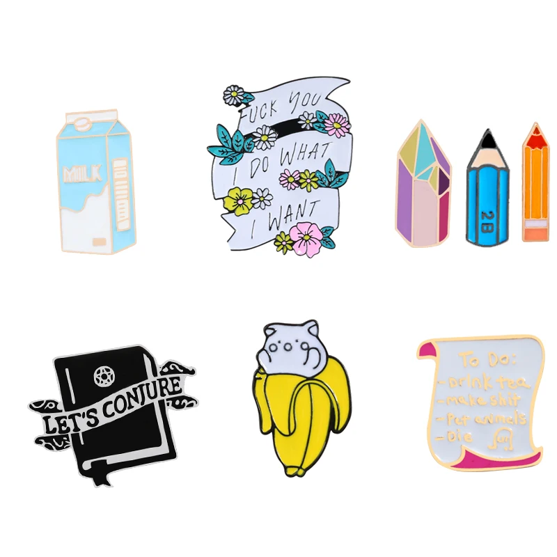 Cartoon Cat Brooch Enamel Pin Pencil Book Letter Metal Brooches Badge for Women Men Friends Lapel Pin shirt bag Jewelry Gifts