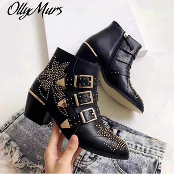 

Susanna Real Leather Ankle Boots Round Toe Shoes Women Studded Rivet Martin Bootss