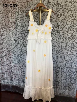 

High Quality Strap Dress 2020 Summer Women Yellow Floral Embroidery Bow Chest Sleeveless Casual Sweet White Long Dress Beach