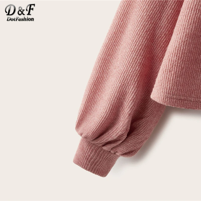 Dotfashion повседневная трикотажная футболка с рукавом-фонариком для женщин Осенняя укороченная футболка со стоячим воротником Топы женские одноцветные милые топы