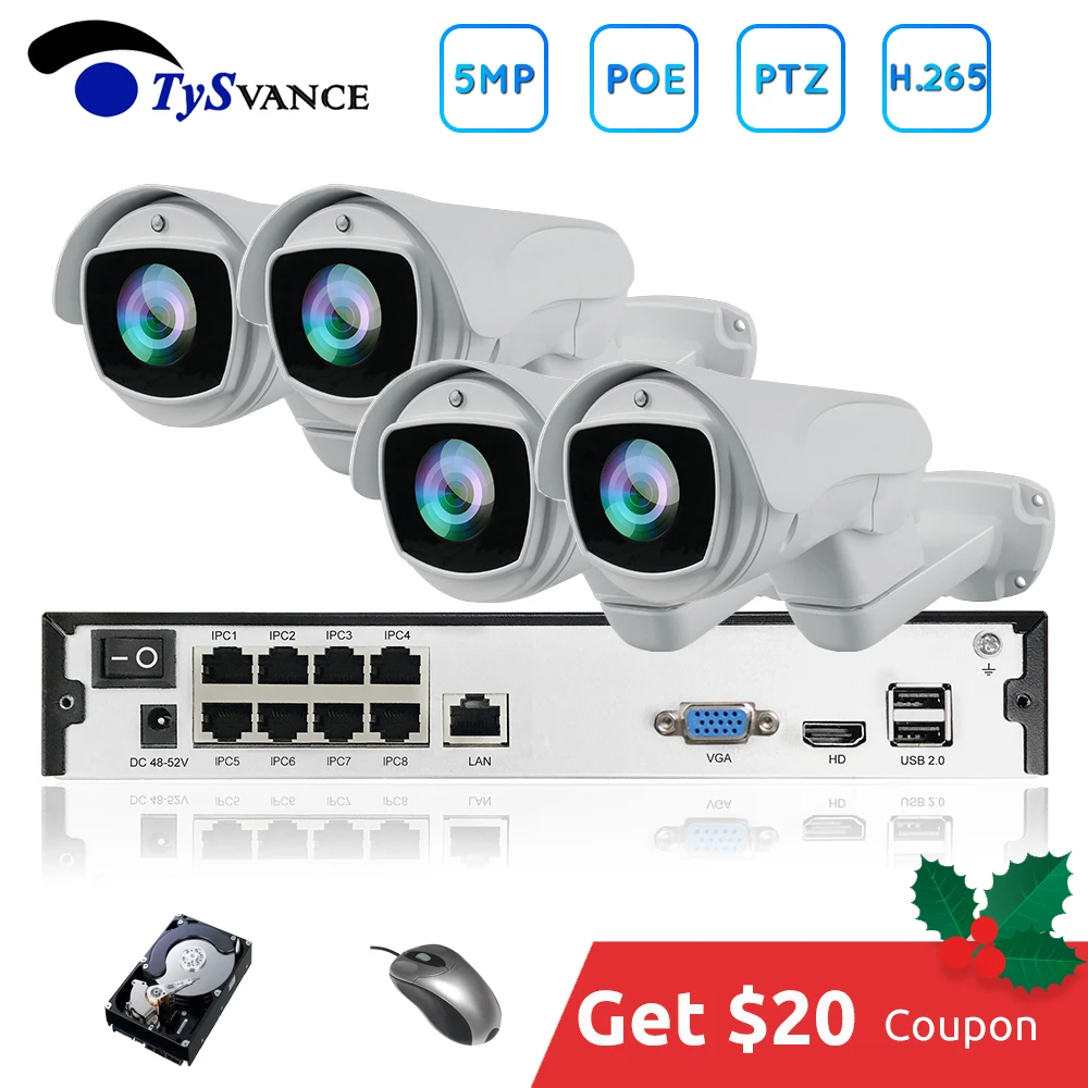4ch 5MP poe ptz комплект системы H.265 CCTV безопасности 8ch NVR Открытый водонепроницаемый 2,8-12 мм 4X оптический зум IP камера видеонаблюдения