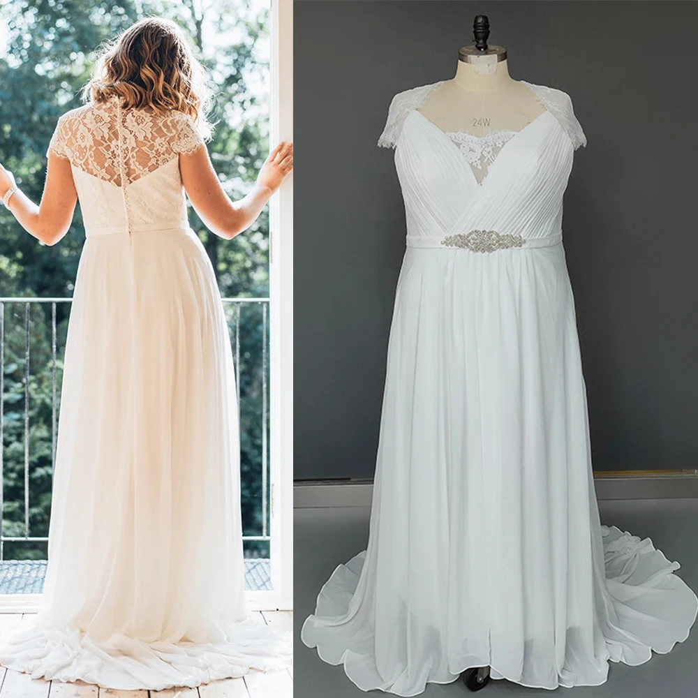 

Шифоновое кружевное платье с рюшами и рукавами-крылышками, свадебное платье на заказ, большие размеры, трапециевидные Стразы, иллюзия на спине, 2022 в