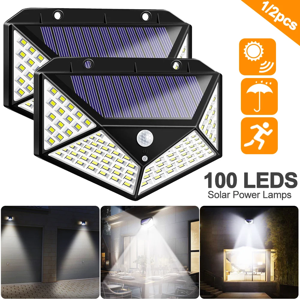 Новинка 100, светодиодный четырехсторонний светильник на солнечной энергии, 3 режима, угол 270 градусов, датчик движения, настенный светильник, наружные водонепроницаемые садовые лампы
