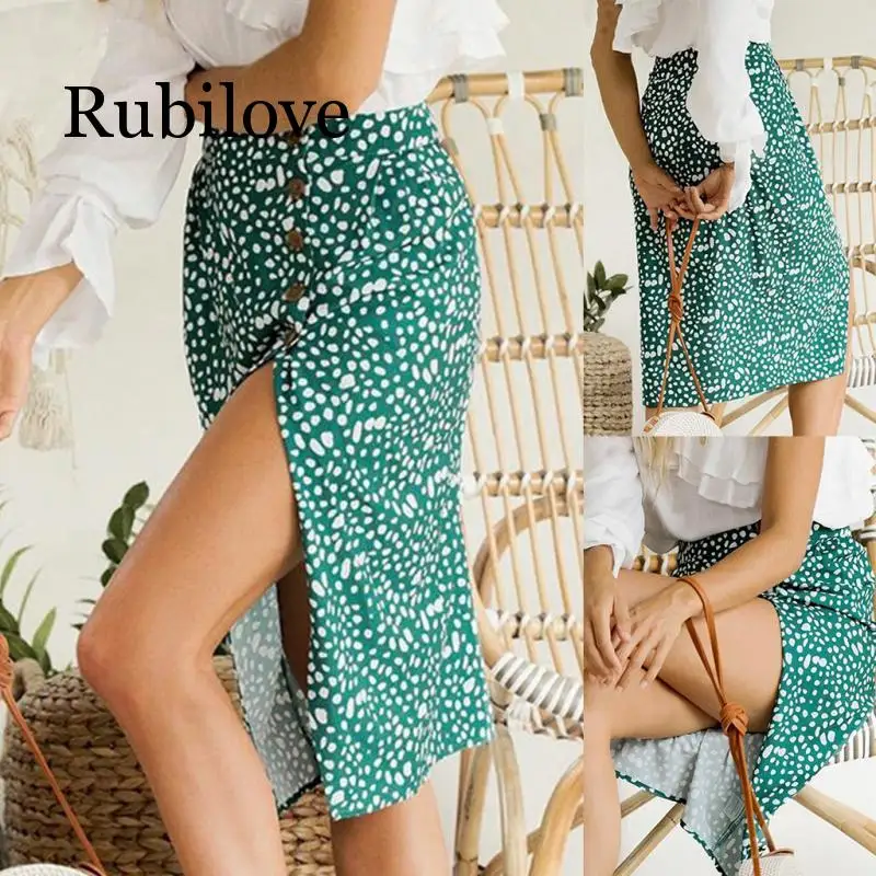 Rubilove женские юбки с высокой талией юбки средней длины с разрезом пуговицами зеленая леопардовая летняя юбка в горошек Сексуальная Высокая мода юбка в стиле бохо