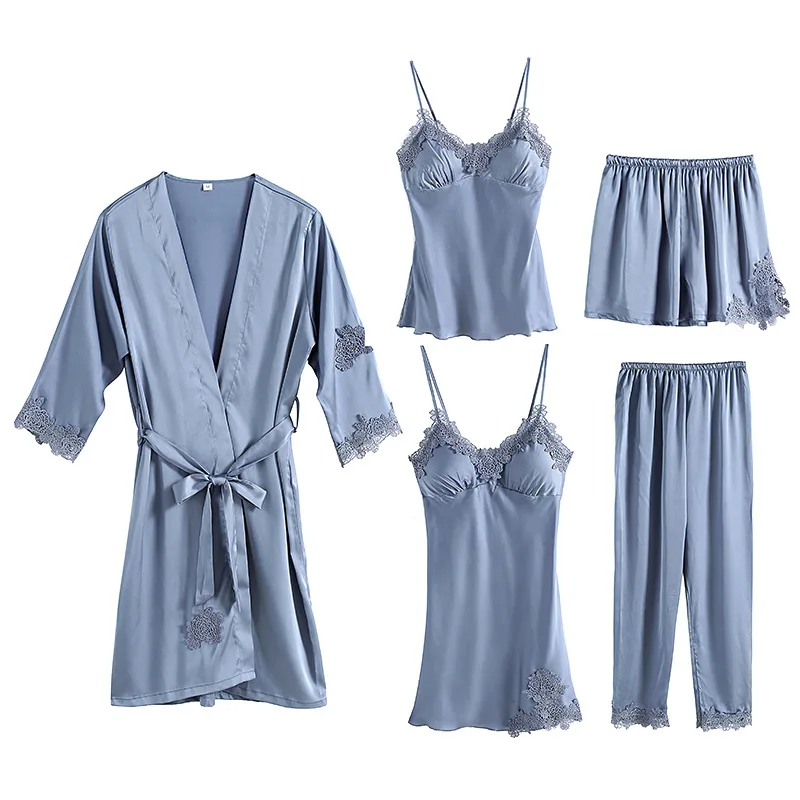 

Pajamas Long-sleeved Sling Leisure Tops Women's Summer Deep V Sexy Five-piece Water Soluble Flower with Chest Pad Ice Silk 1-3cm