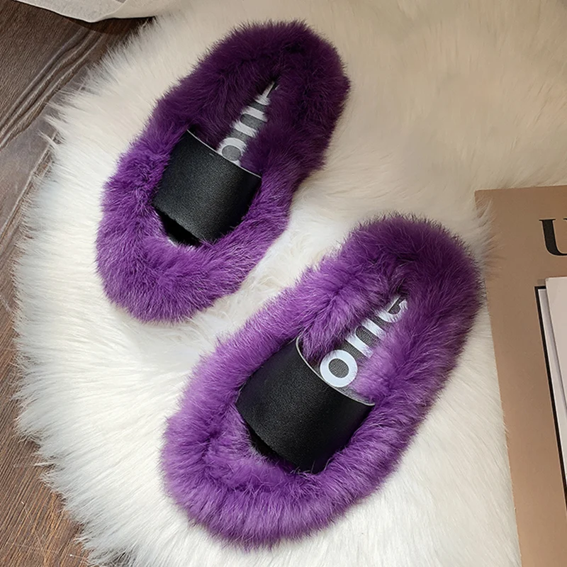 

2019 New Designer Winter Furry Slippers Warm Flip Flops Flat House Home Indoor Slippers Plush Cute Slippers Women Fur Slides