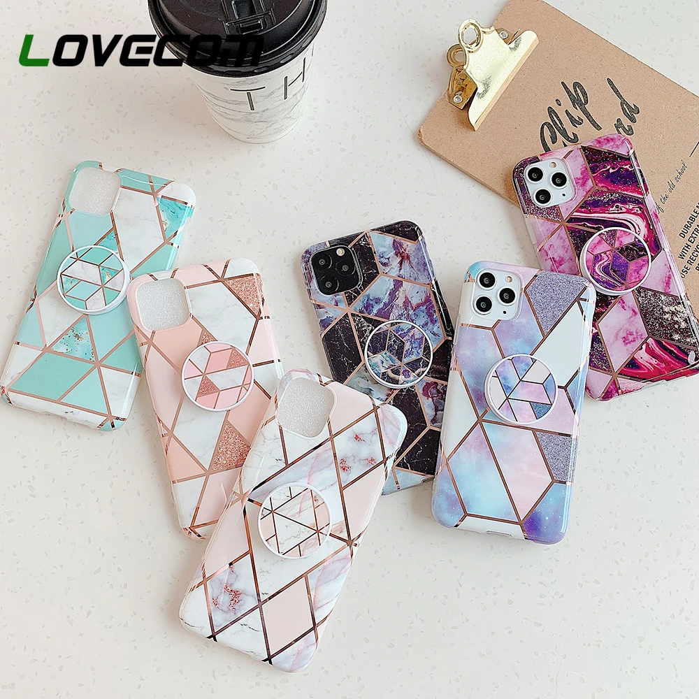 Plated Geometric Marble Strech Holder Phone Case For iPhone 11 Pro Max XR X XS 7 8 6S Plus Soft IMD Cover Bag | Мобильные телефоны