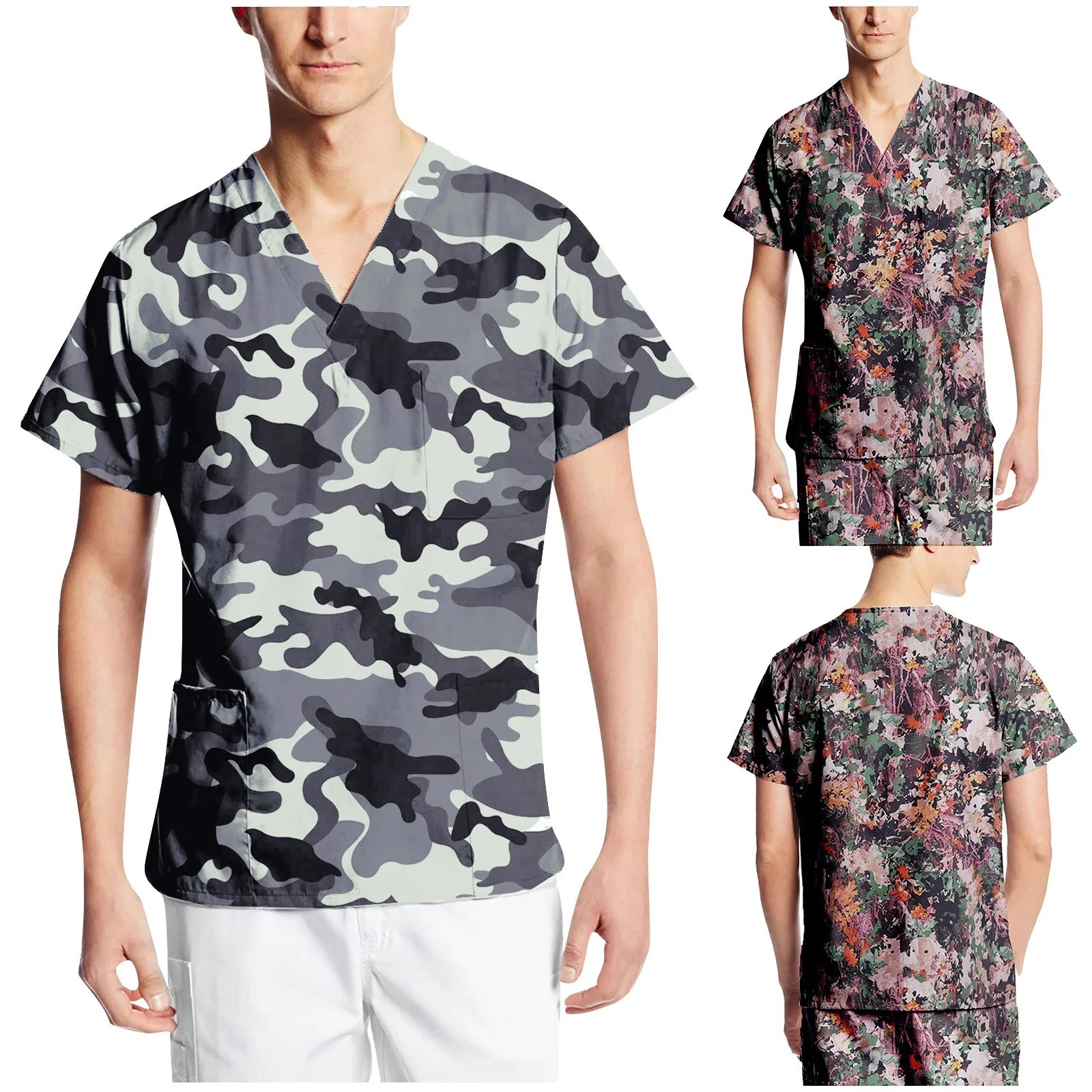 Nurse Scrubs Top Men Nursing Work Uniform Solid Short Sleeve V-neck Tops T-shirts With Pockets Casual Blouse Beautican Doctor Workwear Scrubs Top