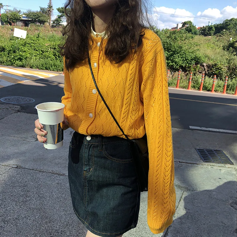 

4 colors 2019 autumn korean style o neck solid color hollow out knittd cardigans womens sweaters womens (X929)