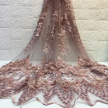 

NEW High Quality 2019 Tulle Beaded 3D Flower pink French Nigerian Lace Fabrics Pearls Embroidered Guipure African 3d Lace Fabric