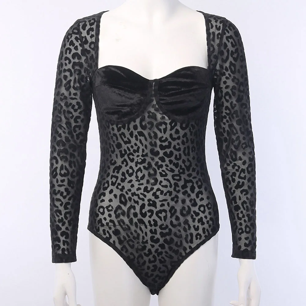 Meihuida Womens Hot Long Sleeve Leopard Translucent Square Neck Skinny Thin Bodysuit Romper Club Sex Wear plus size bodysuit Bodysuits