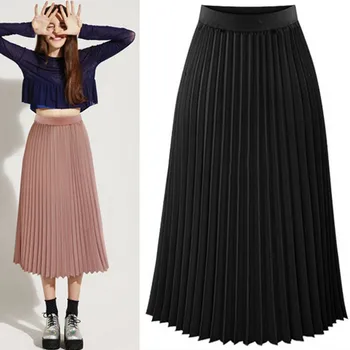 

Women Spring Summer Chiffon Casual Skirt Ladies Pleated Department Slim Mid-Calf Skirt