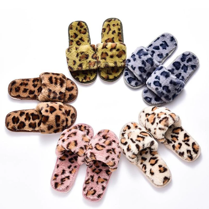 

New New Fur Slides Leopard Slippers Pantoufle Femme Autumn Winter Warm Slippers Chaussures Femme Open Toe Shoes Women
