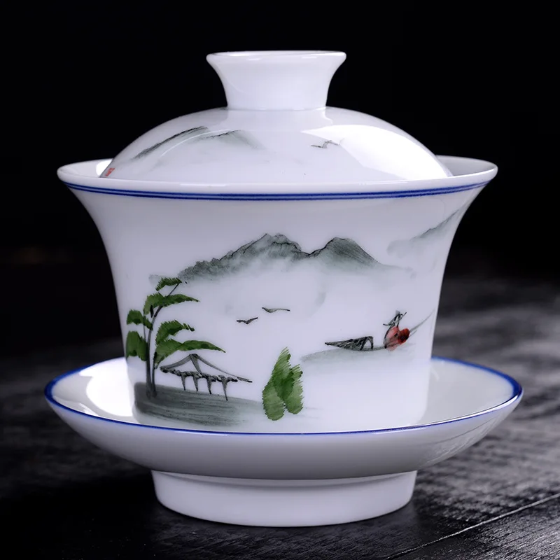 Fishing Китайский керамический чайный набор Gaiwan с ручной росписью, чайная тарелка 180 мл, чайная чаша, креативный чайный набор с чашкой и блюдцем, чайная чашка Цзиндэчжэнь - Цвет: Fishing